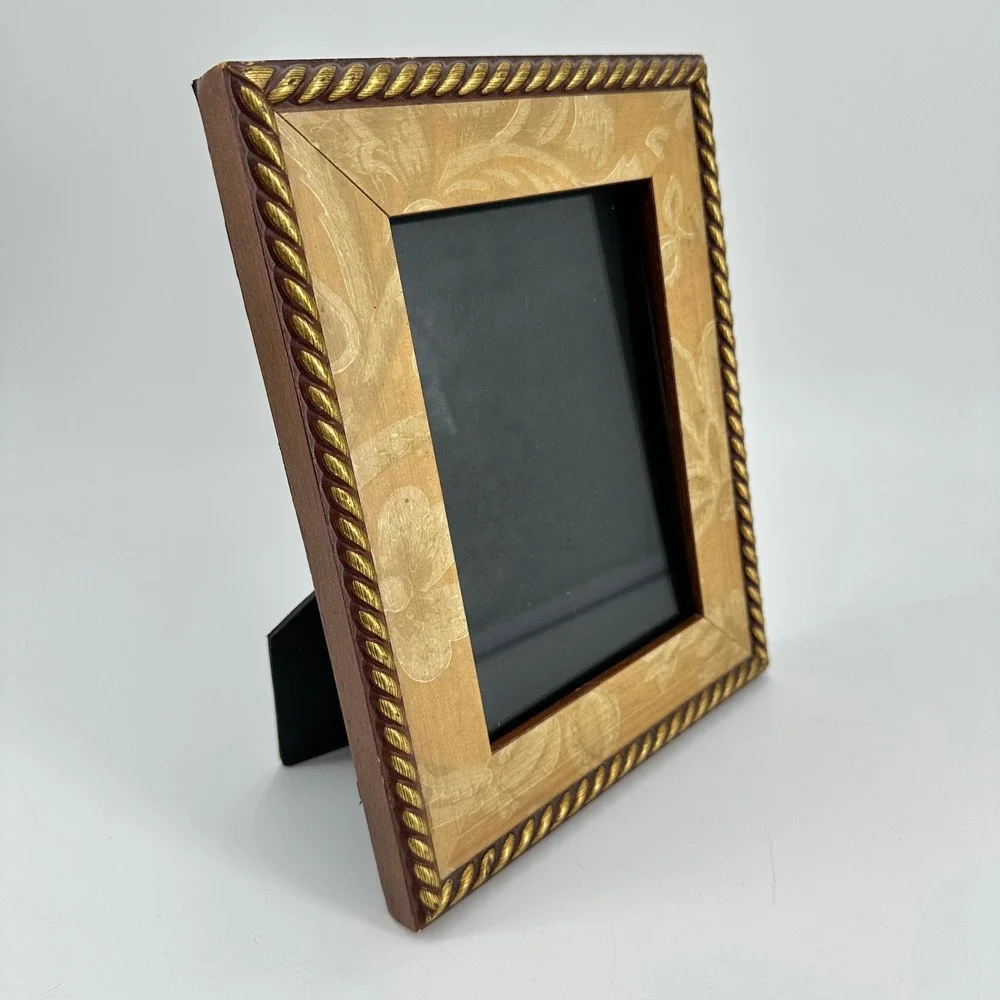 Vintage 5x7 Wood Picture Frame with Gold Rope Trim and Floral Inlay Decor